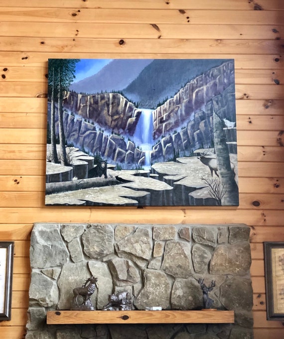 Large fireplace landscape acrylic original art bear elk mountain waterfall canvas wall art yellowstone animal