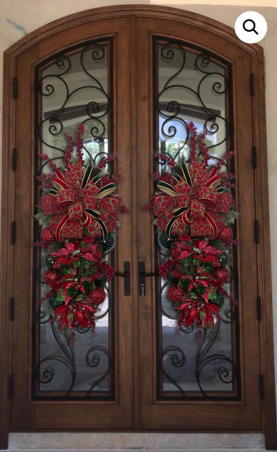 Christmas traditional poinsettia teardrop swag for front door