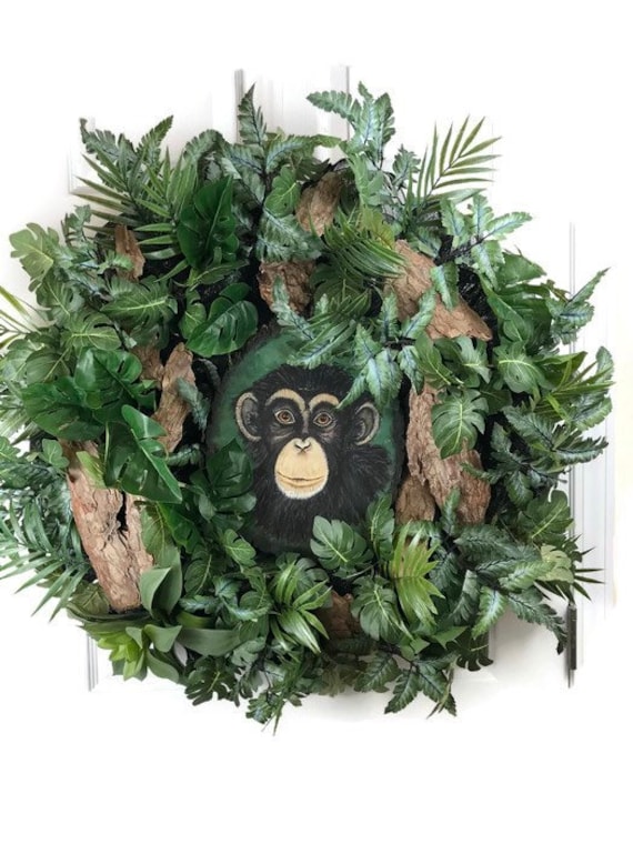 Monkey wreath monkey art jungle animal chimpanzee decor live edge wood acylic painting tropical plant wreath
