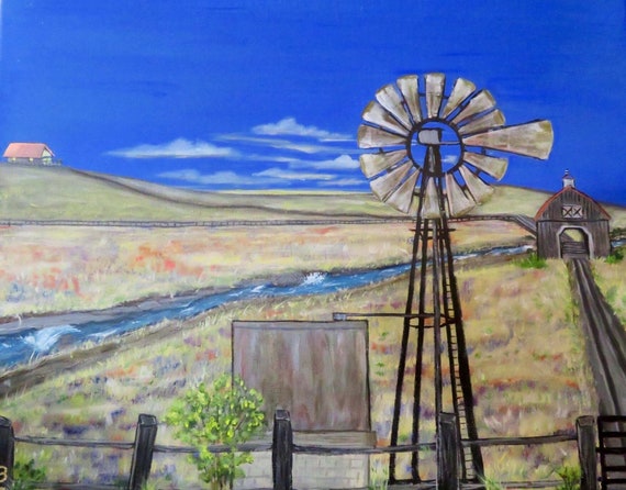 A ranch somewhere, farm, windmill, covered bridge, prairie, stream, dirt road, farmhouse water tank, creek Texas farmland sunset acrylic art