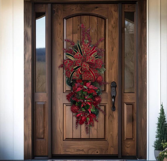 Christmas traditional poinsettia teardrop swag for front door