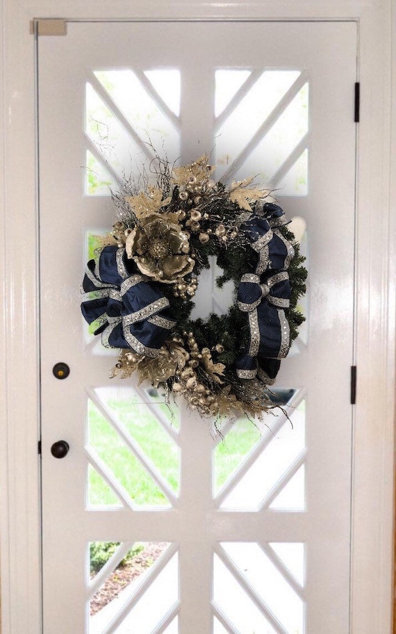 Christmas Beaded magnolia Texas cowboys branches glazed persimmon fruit navy rhinestone front door wreath