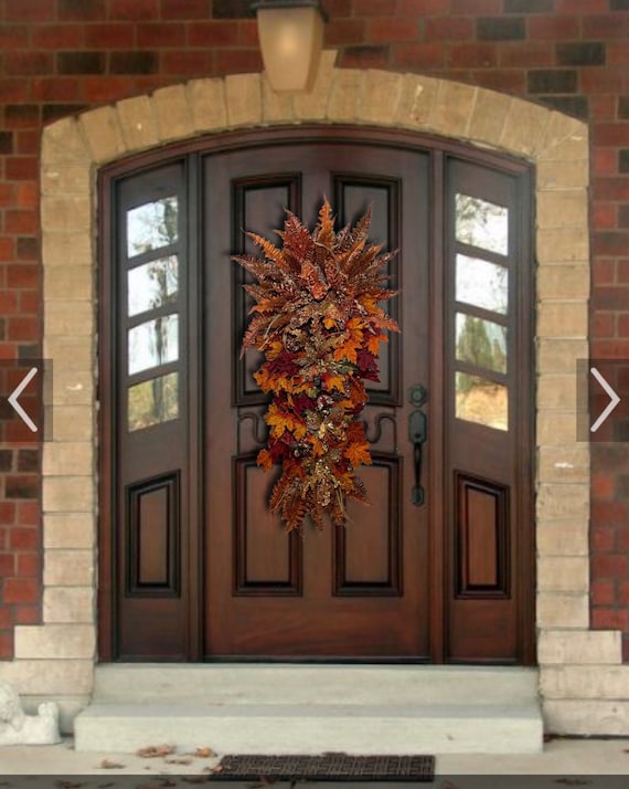 Fall thanksgiving elegant poinsettia pomegranate brown rust copper pinecone front door teardrop wreath swag