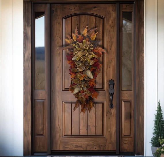 Fall Magnolia Teardrop Swag: Glittered Autumn Door Decor (48x24 Inches)