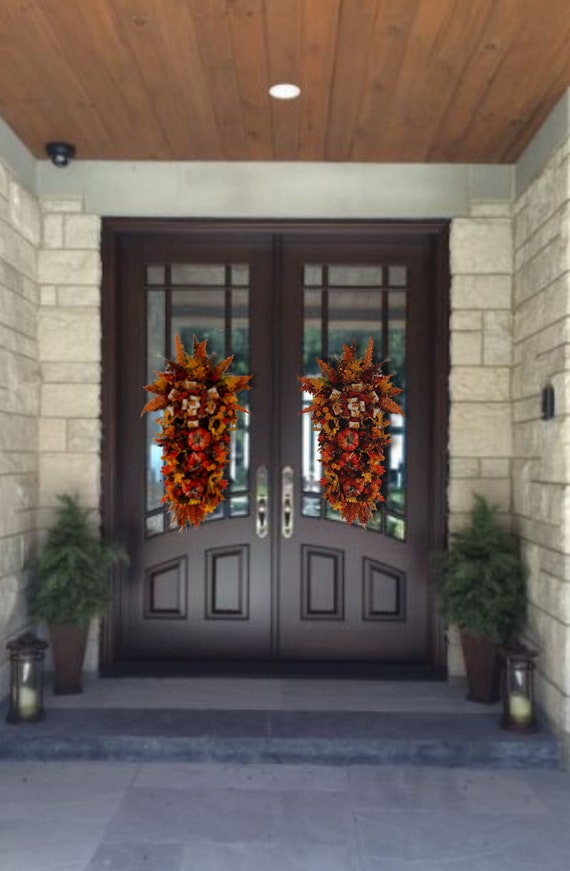 Fall pumpkin teardrop swags double door front door wreaths doorhanger pine sunflower pinecone rustic elegant farmhouse thanksgiving wreath