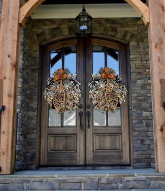 Christmas winter snowshoe Pinecone wreath for double front door fireplace