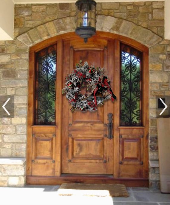 Christmas red green gold traditional flocked bell pinecone ornament wreath for front door
