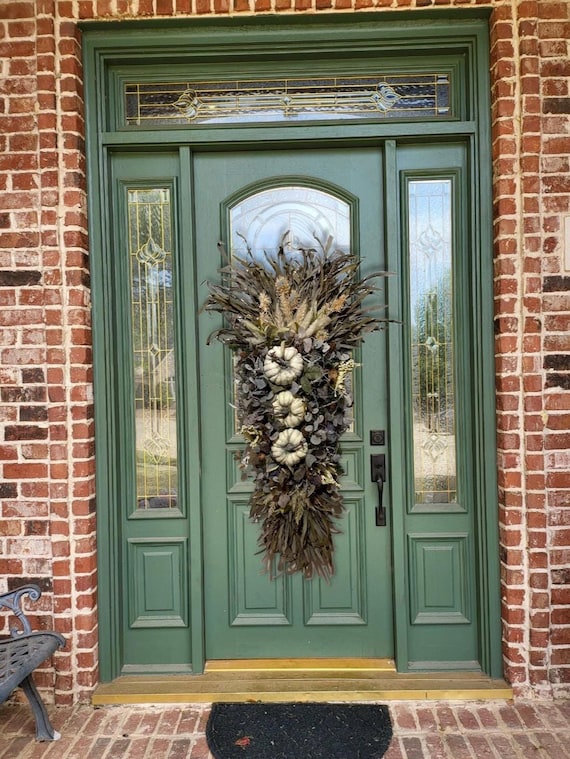 Autumn Fall eucalyptus birch white pumpkin sunflower sage teardrop front door wreath door hanger swag harvest wreath