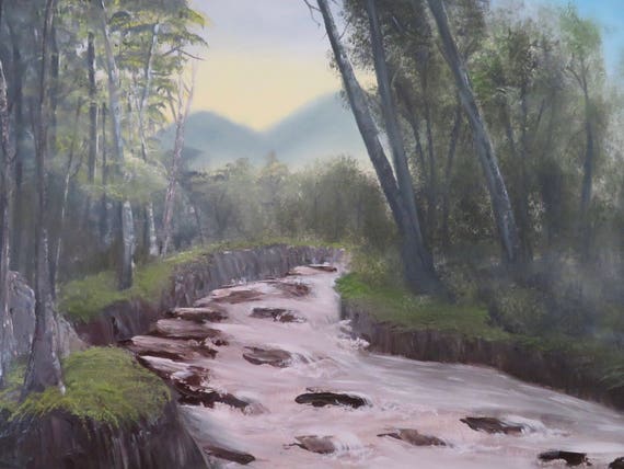 Backwoods Stream, forest, trees, river, sunrise, oil painting, foggy morning rushing water fishing camping serene wilderness trail summer