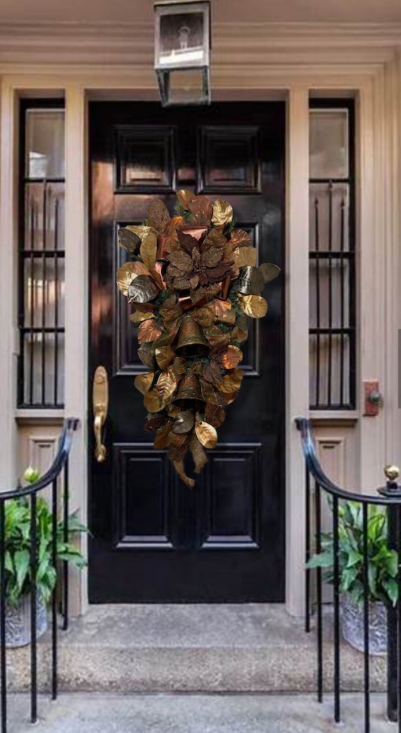 Fall Thanksgiving Magnolia chocolate poinsettia embossed bell gold copper elegant teardrop wreath for front door