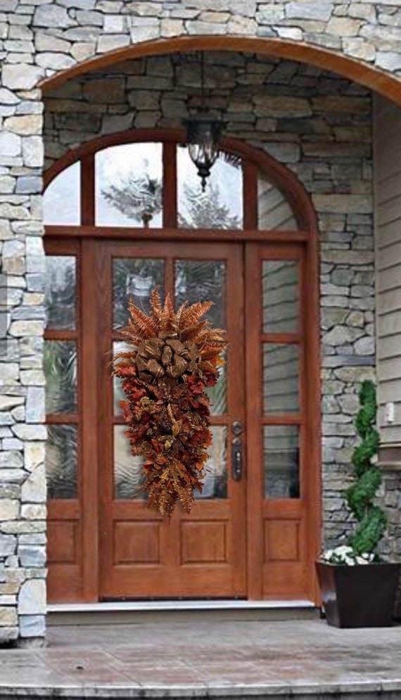 Thanksgiving Fall elegant poinsettia chocolate brown rust copper  front door teardrop wreath swag