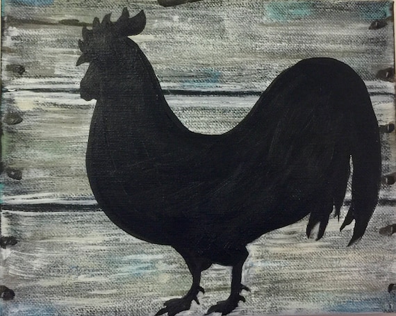 Rooster, Silhouette, chicken, farm animals, acrylic art, farm house, ranch, teal, barn wood, black, wall decor, painting, kitchen decor