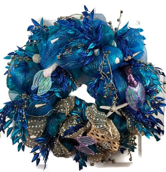 Mermaid wreath nautical beach coastal front door wreath mermaid decor summer seashell pool decor