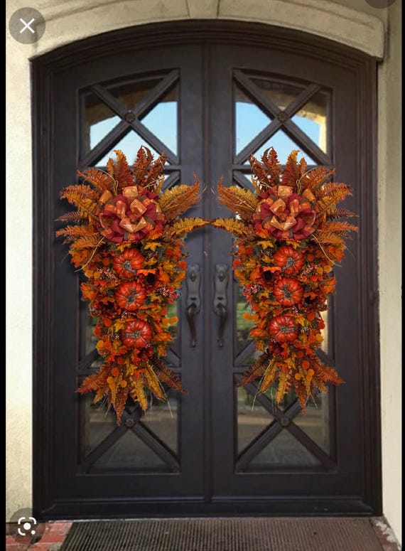 Fall Thanksgiving pumpkin teardrop double door swag front door wreaths doorhanger pine sunflower pinecone rustic elegant farmhouse wreath