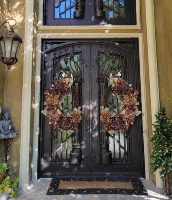 Fall romantic grapevine wreath for double front door hydrangea autumn cottage