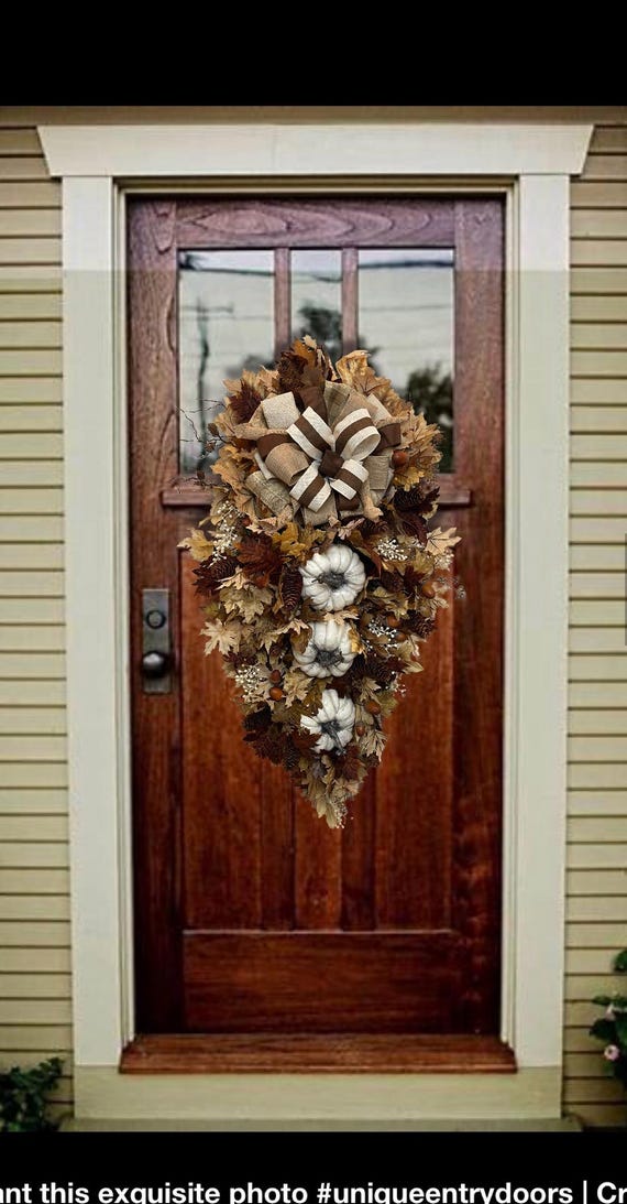 Neutral fall Thanksgiving cream chocolate white rustic primitive  swag country farmhouse pumpkin pinecone front door wreath