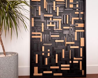 Earth  Rhythm II-Textural Wood Wall Art |Black and Natural Oak Relief |Sculptural Wall Panel
