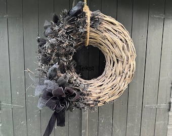 XL Black Crow Wreath-Gothic Halloween Door Decoration with natural dry plants