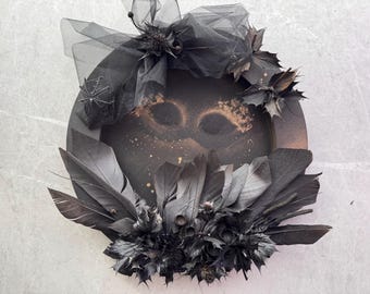 Black Feather Wreath, Dark Boho Gothic Decor, Handmade Wall Art