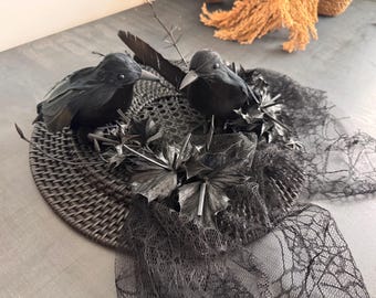 Dark Gothic Raven Wreath – Handmade Black Crow Door Wreath, Elegant Halloween Decor, Moody Botanical Wall Decor