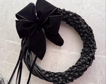 Black Seed Pod Wreath, Gothic Velvet Bow, Dark Boho Decor