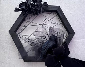 Black Gothic Raven Home Decoration -Hexagon Frame Crow Art -Dark Halloween Decoration  -Spooky Elegant Wall Hanging -Gothic Home Decor