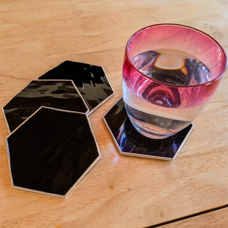 hexagon coasters, glass coasters set, set of 4 coasters, drink coasters, wine accessories, wine coaster, gifts for home, gift for mom Black