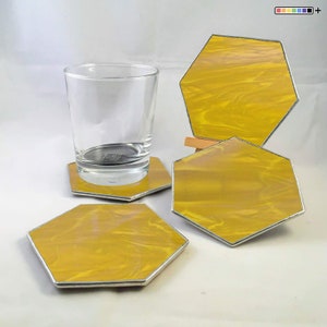 hexagon coasters, glass coasters set, set of 4 coasters, drink coasters, wine accessories, wine coaster, gifts for home, gift for mom Yellow