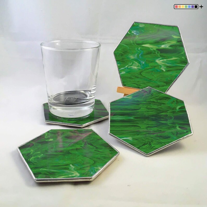 hexagon coasters, glass coasters set, set of 4 coasters, drink coasters, wine accessories, wine coaster, gifts for home, gift for mom Green