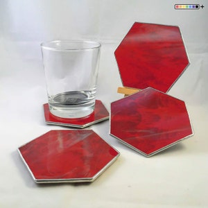 hexagon coasters, glass coasters set, set of 4 coasters, drink coasters, wine accessories, wine coaster, gifts for home, gift for mom Red