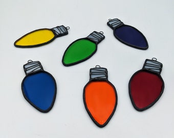 light bulb ornaments, christmas lights, stained glass christmas ornament, christmas tree decorations, stained glass light bulb