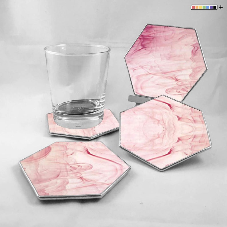 hexagon coasters, glass coasters set, set of 4 coasters, drink coasters, wine accessories, wine coaster, gifts for home, gift for mom Pink