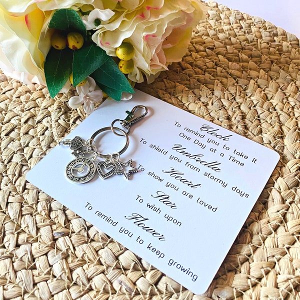 Unique Sobriety Gift Keyring to give Strength & Courage on the Sobriety Journey. Silver Charm Keyring or Bag Decoration. One Day at a Time.