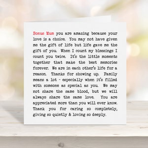 Handmade Bonus Mum Greeting Card with Thoughtful Words. Blank Birthday or Mother's Day Card. Stepmom Card with Positive Meaningful Messages.
