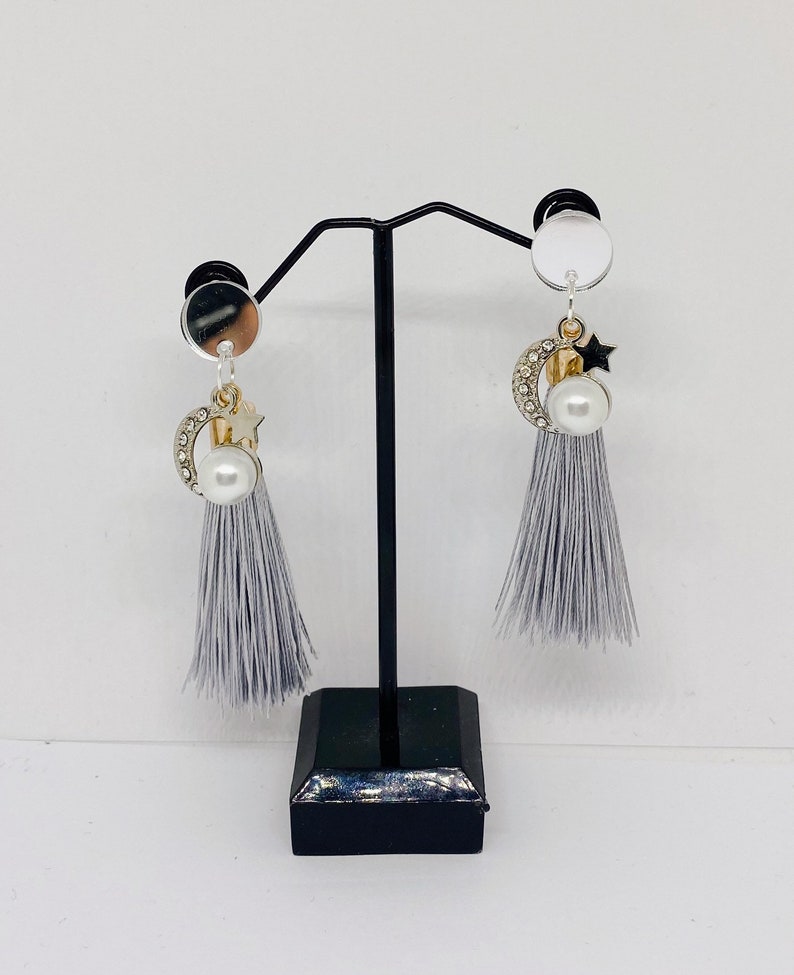 Gift idea for her Statement jewellery Gold or Silver Tassel dangle earrings with Moon and Star Charm