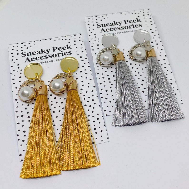 Gift idea for her Statement jewellery Gold or Silver Tassel dangle earrings with Moon and Star Charm