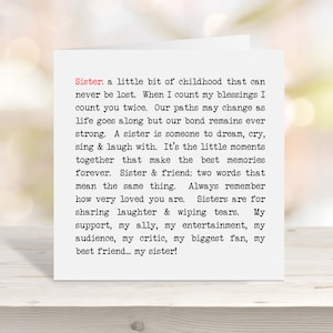 Carte de voeux soeur faite main avec des mots attentionnés. Carte d'anniversaire ou de remise des diplômes vierge. Carte sœur avec des messages positifs et significatifs.
