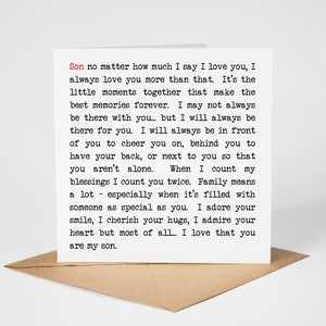 Carte de voeux faite main avec des mots attentionnés. Carte d'anniversaire ou de Noël vierge. Carte de remerciement pour fils. Des mots significatifs et positifs.