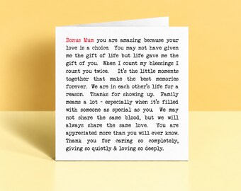 Bonus Mum Card, Meaningful Card for Stepmum, Mother's Day or Birthday Card