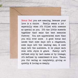 Handmade Bonus Dad Greeting Card with Thoughtful Words. Blank Birthday or Fathers Day Card. Stepdad Appreciation Card. Meaningful Words.