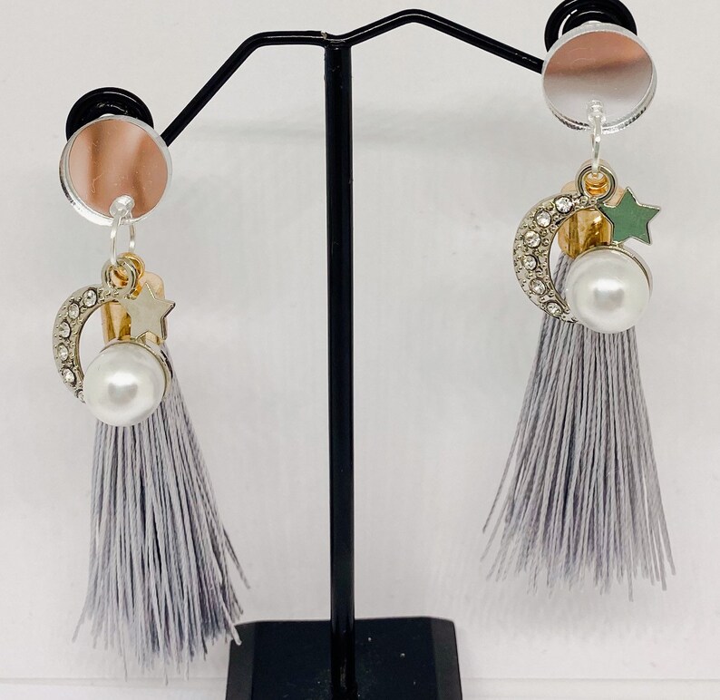 Gift idea for her Statement jewellery Gold or Silver Tassel dangle earrings with Moon and Star Charm