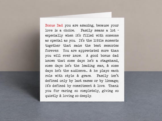 Bonus Dad Card, Meaningful Card for Stepdad, Father's Day or Birthday Card