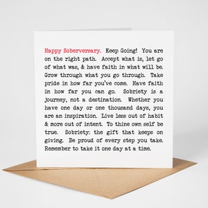 Carte de voeux Happy Soberversary avec des mots positifs. Carte d'anniversaire des Alcooliques anonymes. Carte de récupération significative. Un jour à la fois.