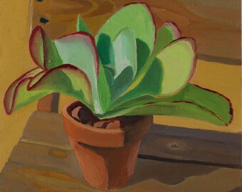 Kalanchoe Paddle plant, Original oil on wood painting , exotic house plant, 6"x8.5" Small Contemporary Painting by Veronika Rudez