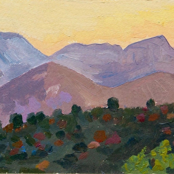 Coucher de soleil dans les Pyrénées, Catalogne, Espagne, peinture originale, peinture de paysage, huile sur papier, peinture originale 8,5 "x 3,5" par Veronika Rudez