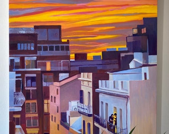 Entre el día y la noche, Pintura al óleo, Escena de la ciudad, Pintura al óleo original de Veronika Rudez, 32" X 26", Barcelona, España