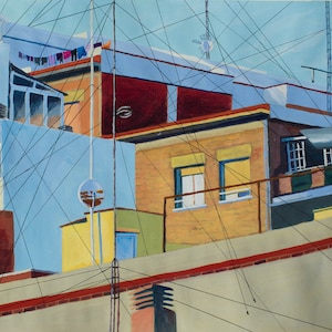 May include: An abstract painting of rooftops and buildings in shades of yellow, red, and blue. The artwork features antennas, air conditioning units, and clotheslines. The composition is crisscrossed with black lines, creating a geometric pattern.