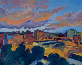 Atardecer en Barcelona, pintura original al óleo sobre lienzo de Veronika Rudez, 18"x22"