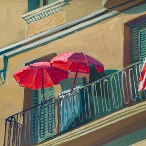 Red Umbrellas, Barcelona city scene, Original Gouache on paper painting, Small Original painting on paper by Veronika Rudez, 5.5"x7.5"