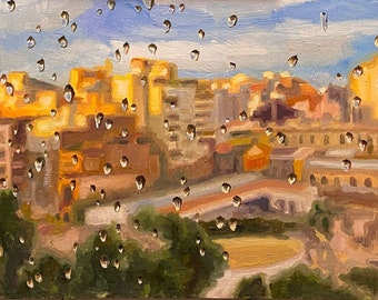 Después de la lluvia, pintura original al óleo sobre tabla de madera de Veronika Rudez 13"x9"